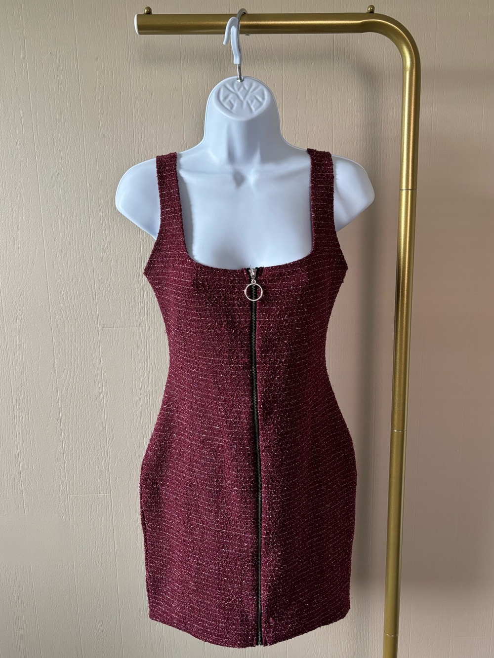 Burgundy Tweed Zip-Front Bodycon Dress